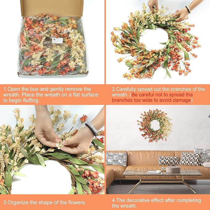 CozyNest Decor Artgar Fall Wreath, 24-inch white and orange floral wreath for front door and outdoor seasonal fall decor