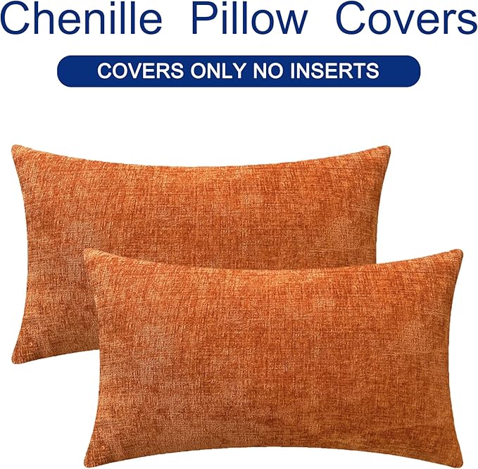 CozyNest Decor CaliTime fall throw pillow covers in burnt orange, 12x20 inches, cozy chenille cushion cases for couch or sofa.