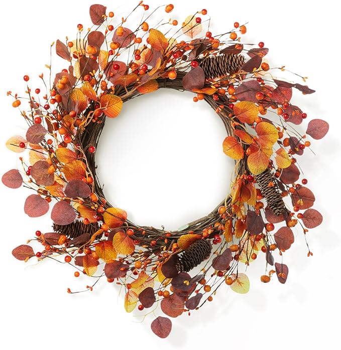 CozyNest Decor 22-inch fall eucalyptus berry wreath with rustic accents, ideal for front door or wall fall decor.