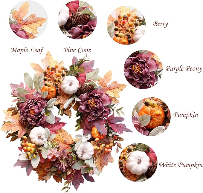 CozyNest Decor 20-inch fall wreath with white pumpkins, peonies, pine cones, perfect for front door autumn and holiday decor