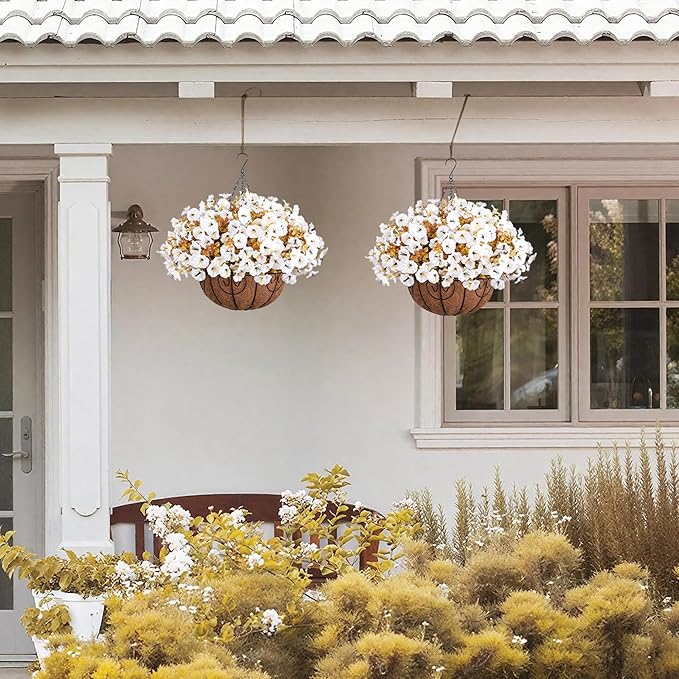 Artificial fall flowers in a hanging basket with silk morning glory and eucalyptus, ideal for outdoor porch or patio decor.