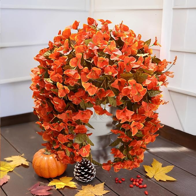 CozyNest Decor artificial bougainvillea flowers, two orange faux silk trailing vines, UV resistant for outdoor fall porch decor.