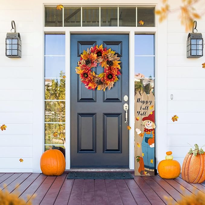 CozyNest Decor 24-inch artificial fall wreath with sunflowers, pinecones, and berries, ideal for front door or holiday decor.