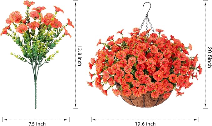 Artificial fall flowers basket with orange silk morning glories and eucalyptus for outdoor porch, patio, or balcony décor.