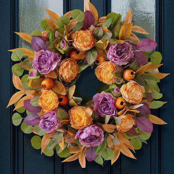 24-inch fall wreath featuring peony, maple leaves, and berries, ideal for farmhouse Thanksgiving and Halloween porch decor.
