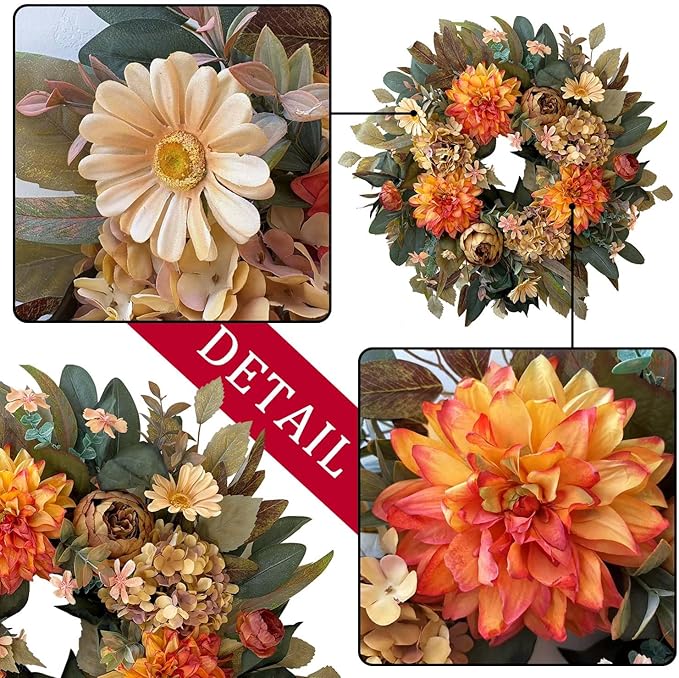CozyNest Decor 24-inch fall wreath with orange hydrangea, peony, and dahlia flowers for front door autumn decor