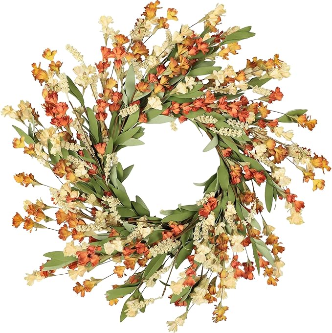 CozyNest Decor fall wreath with white, orange, and yellow flowers, 24-inch floral door wreath for front door outdoor or indoor decor