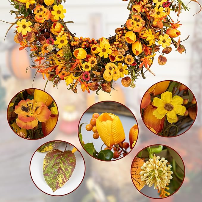 Rustic 22-inch fall wreath with orange tulips and wildflowers from CozyNest Decor, ideal for front door, wall, or porch decor.