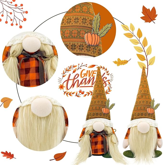 CozyNest Decor Lovinland Fall Gnome plush doll, festive Thanksgiving collectible figurine for home decor, mantel, shelf, or table.