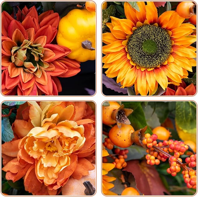 CozyNest Decor 24-inch fall wreath with sunflowers, orange dahlias, maple leaves, and berries for front door autumn decor