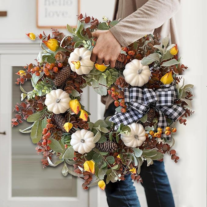 Large farmhouse fall wreath with white pumpkin, cotton, lamb's ear, and eucalyptus leaves for autumn or Thanksgiving decor.