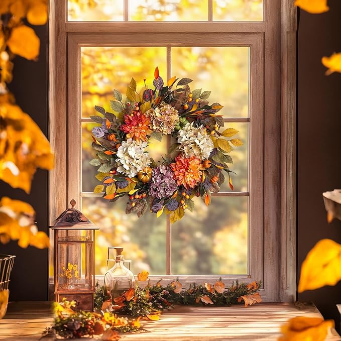 24-inch fall wreath with beige hydrangea, orange dahlias, pumpkins, and autumn accents for front door decor.
