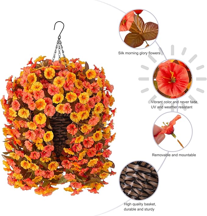 Artificial fall hanging flowers basket with orange and yellow silk morning glories, UV resistant outdoor decoration by CozyNest Decor