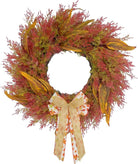 Large 24-inch cedar fall wreath with burlap bow by CozyNest Decor, weatherproof outdoor porch decor for autumn and holiday celebrations.