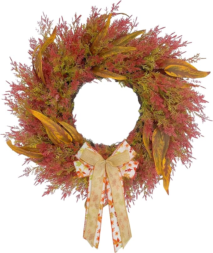 Large 24-inch cedar fall wreath with burlap bow by CozyNest Decor, weatherproof outdoor porch decor for autumn and holiday celebrations.