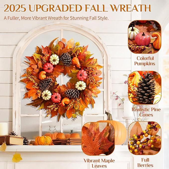 Colorful 20-inch autumn wreath with pumpkins and maple leaves, handcrafted fall door decor for front porch and Thanksgiving.
