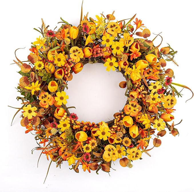 CozyNest Decor 22-inch fall wreath with orange tulips, wildflowers, and rustic accents for front door, wall, or porch decor.