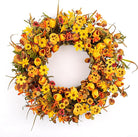 CozyNest Decor 22-inch fall wreath with orange tulips, wildflowers, and rustic accents for front door, wall, or porch decor.