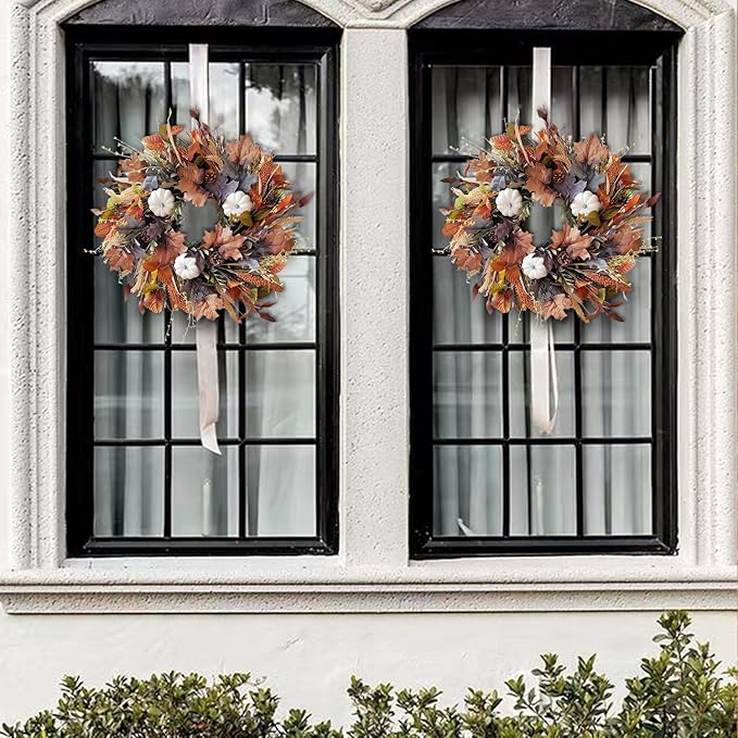 CozyNest Decor 24-inch fall wreath with white pumpkins, grains, and maple leaves for front door autumn and harvest decor.