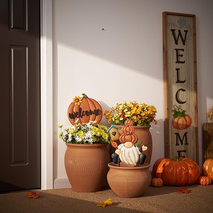 CozyNest Decor fall gnome pumpkin garden stakes with orange autumn design, perfect for outdoor yard, patio, and Thanksgiving decor