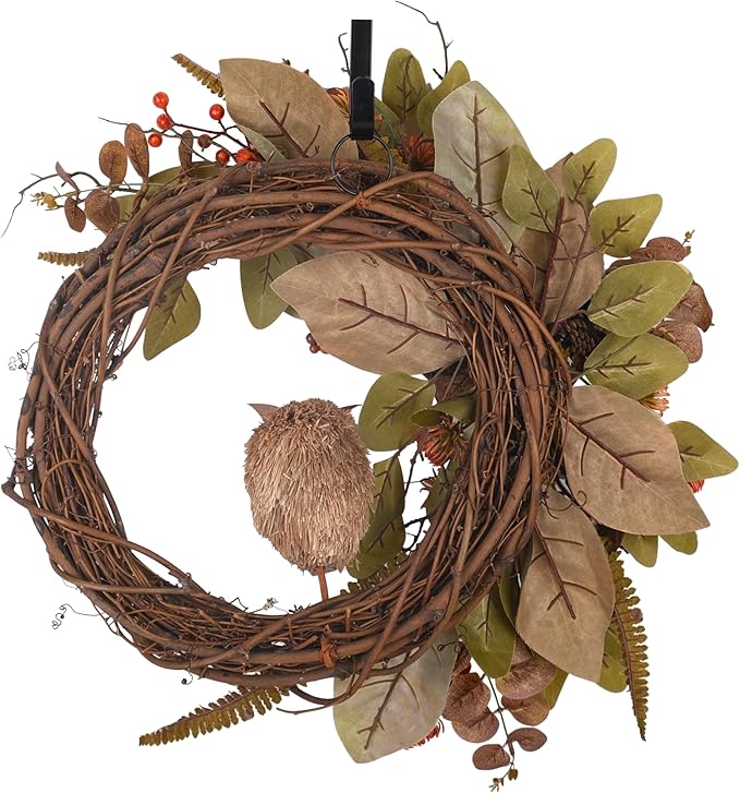 Fall owl wreath for front door featuring pine cones, eucalyptus, magnolia leaves, and berries, 24-inch autumn decor by CozyNest Decor