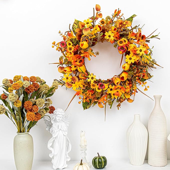Rustic 18-inch fall wreath with orange tulips, wildflowers, and Phalaenopsis orchids, perfect for front door or porch decor.