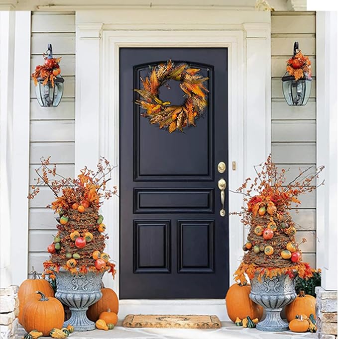 Large 24-inch wheat Thanksgiving wreath by CozyNest Decor, with gold harvest grains, for front door or autumn wall decor.