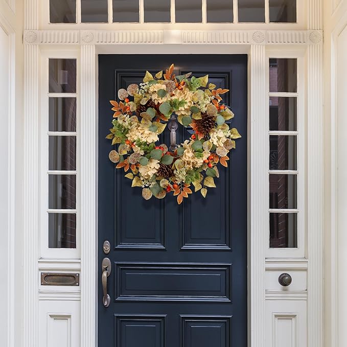 22-inch fall hydrangea and eucalyptus wreath with pinecones and orange berries, perfect for autumn door decor.