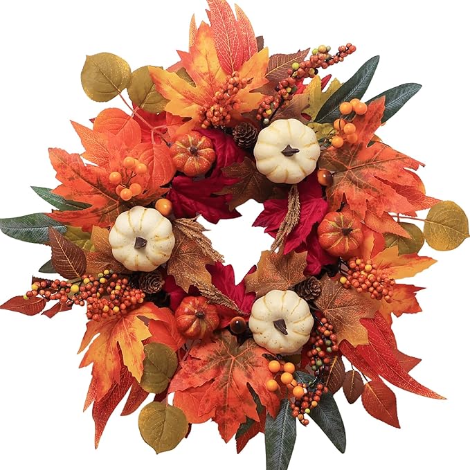 CozyNest Decor 21-inch fall wreath with maple leaves, pumpkin, berries for front door, wall, or fireplace autumn and Thanksgiving decor