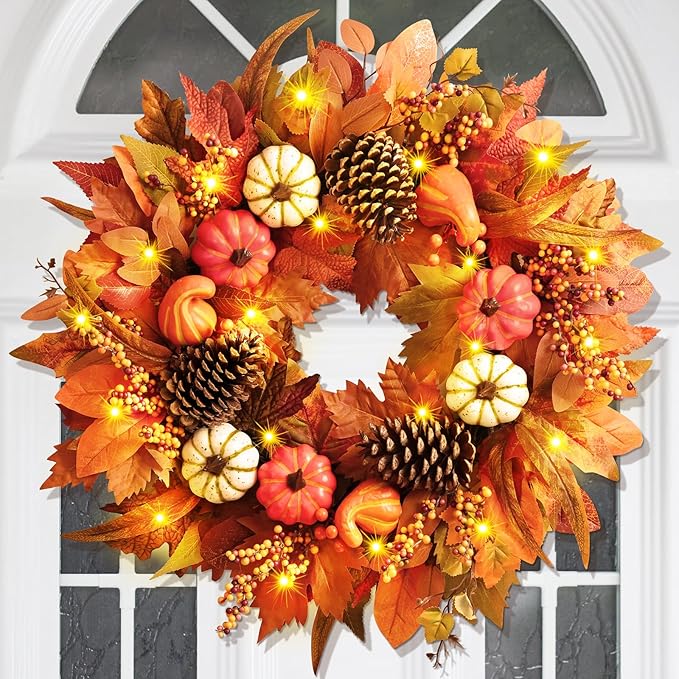 Colorful 20-inch autumn wreath with pumpkins and maple leaves, handcrafted fall door wreath for front porch and Thanksgiving decor.