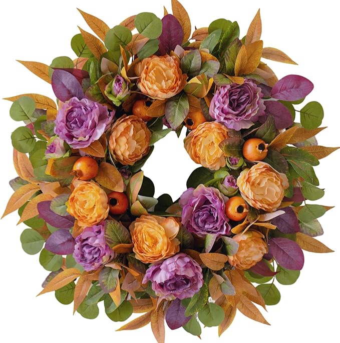 24-inch fall wreath with peony, maple leaves, and berries, perfect for farmhouse Thanksgiving and Halloween porch decor.
