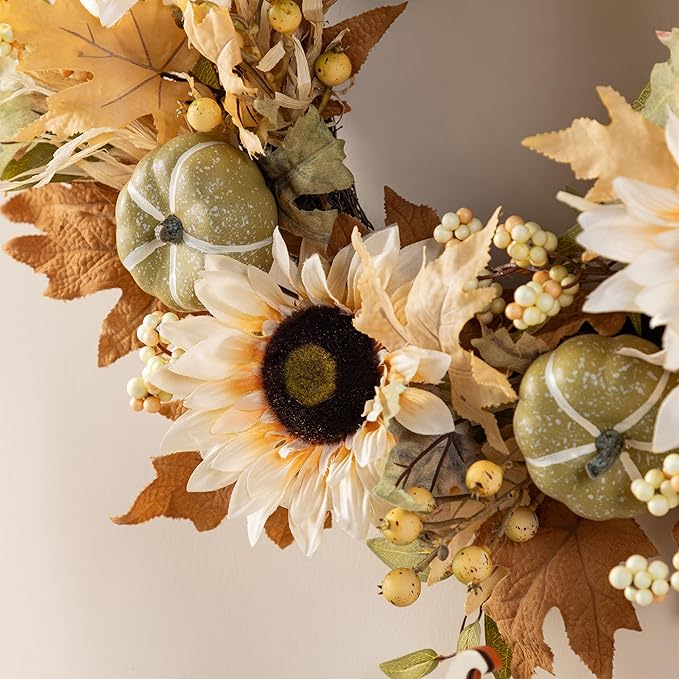 CozyNest Decor 24-inch artificial fall wreath with sunflowers, pumpkins, and leaves for farmhouse door, window, or wall decor.