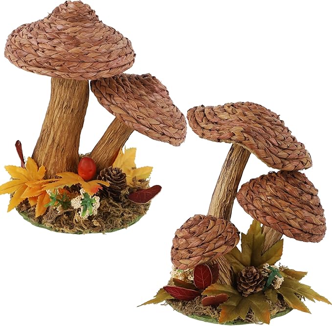 Handmade woven mushroom figurines from Winemana 2-pack, rustic farmhouse decor for autumn tables, shelves, and Thanksgiving.