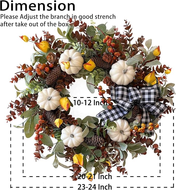 Large farmhouse fall wreath with white pumpkin, cotton, lamb's ear, and eucalyptus leaves for autumn or Thanksgiving decor.