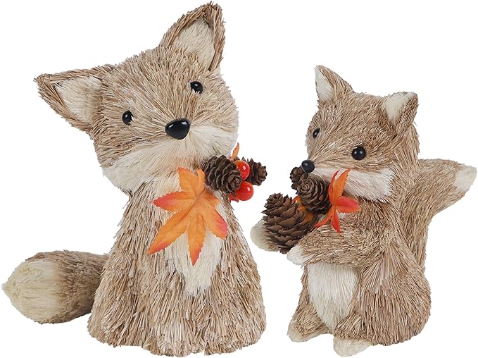 Set of two CozyNest Decor Fall fox figurines, handmade autumn-themed decorations for mantel or fireplace centerpieces.