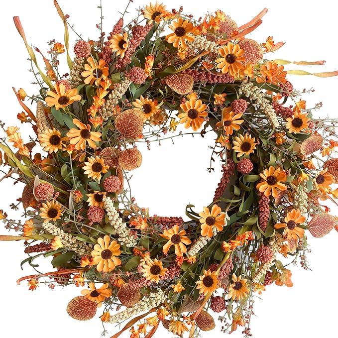 CozyNest Decor 22-inch artificial floral wreath with colorful daisies and autumn foliage, perfect for fall wall, window, or Thanksgiving decor.