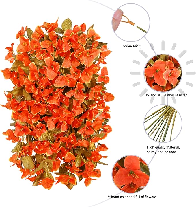 CozyNest Decor artificial bougainvillea flowers, orange faux silk vines with UV-resistant outdoor design for porch or patio decor.
