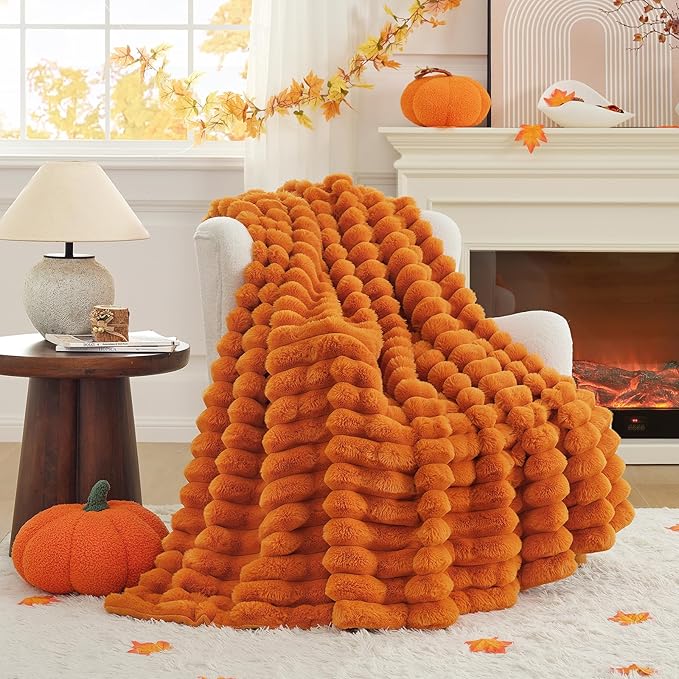 CozyNest Decor fall harvest faux fur throw blanket in burnt orange, plush striped design for couch or bedroom decor, 50x60 inches.