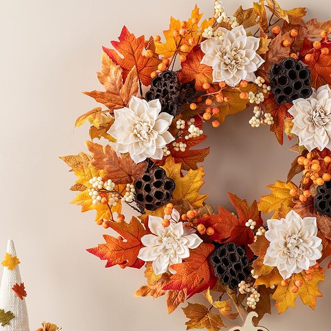 CozyNest Decor 24-inch fall sorghum wreath with metal hanger, outdoor front door harvest wreath for Thanksgiving and autumn decor.