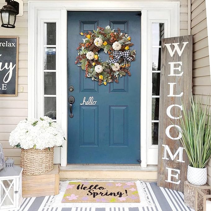 CozyNest Decor large farmhouse fall wreath with white pumpkin, cotton, lamb's ear, and eucalyptus leaves for autumn or Thanksgiving door decor