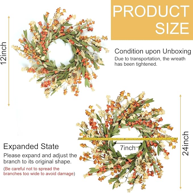 CozyNest Decor Artgar Fall Wreath, 24-inch floral wreath with white, orange, and yellow autumn leaves for front door or wall decor.