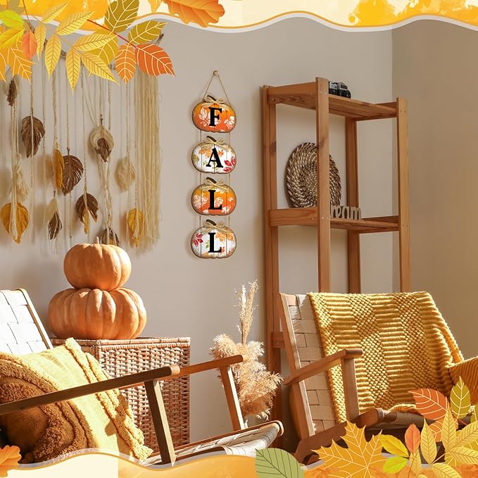 CozyNest Decor fall pumpkin door sign with autumn maple leaves, wooden hanging decoration for front door, porch, or wall decor