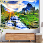 CozyNest Decor mountain waterfall tapestry featuring sunset forest trees, tropical rainforest scene, ideal as a bedroom or living room wall hanging.