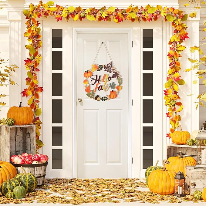 CozyNest Decor autumn fall wreath with wooden hello fall sign, maple leaves, pumpkin, and farmhouse design for front door decoration