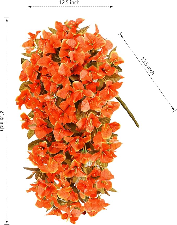 CozyNest Decor orange artificial bougainvillea flowers with long trailing vines, UV resistant faux silk outdoor plants for porch or patio.