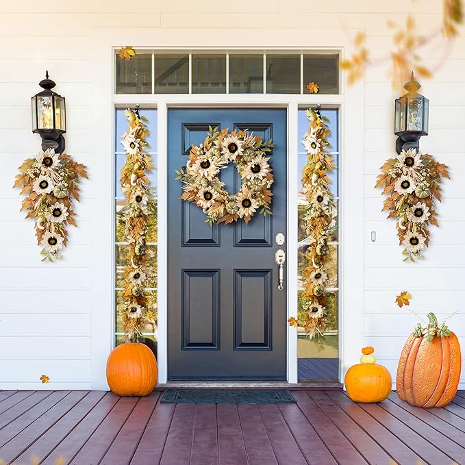 CozyNest Decor 24-inch artificial fall wreath with sunflowers, pumpkins, and leaves for front door or indoor autumn decor.