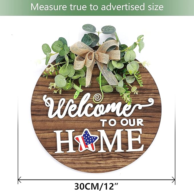 Rustic round wood wreath with seasonal welcome sign by CozyNest Decor, perfect for farmhouse front door and outdoor porch decor.