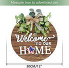 Rustic round wood wreath with seasonal welcome sign by CozyNest Decor, perfect for farmhouse front door and outdoor porch decor.