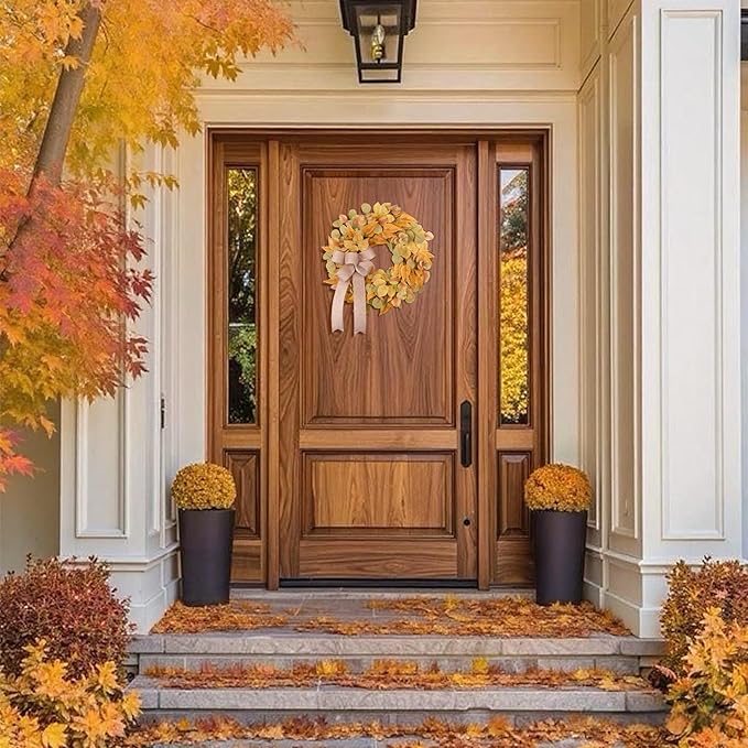 Fall wreath for front door featuring autumn faux leaves and bow, 24 inches, cozy farmhouse decor for indoor or outdoor use.