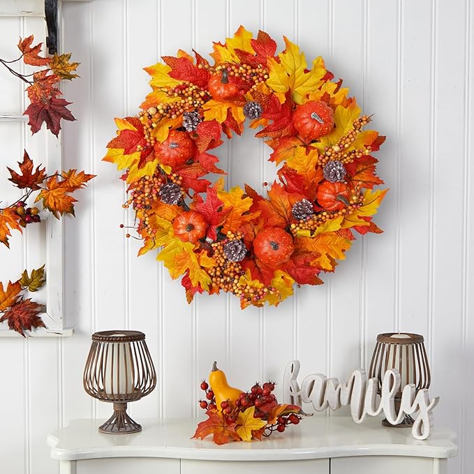 CozyNest Decor DiliComing Fall Wreath, 20-inch autumn wreath with pumpkins and maple leaves, for front door or indoor home decor.